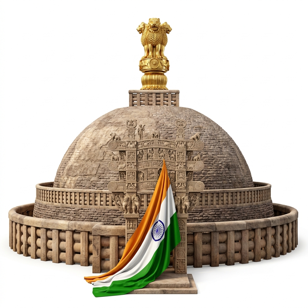 National Emblem of India atop Sanchi Stupa Dome with Draped Flag